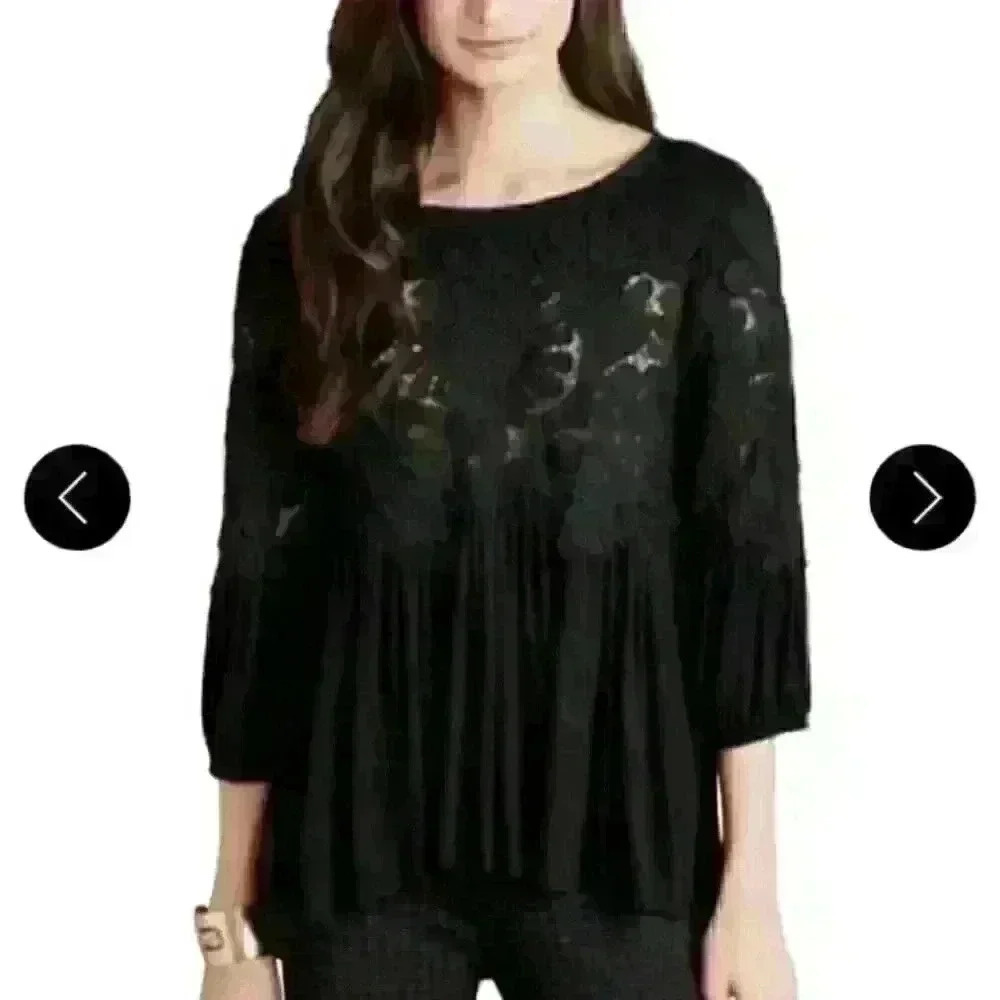 Anthropologie Black Deletta Desi Embroidered Lace 3/4 Sleeve XS babydoll Tunic